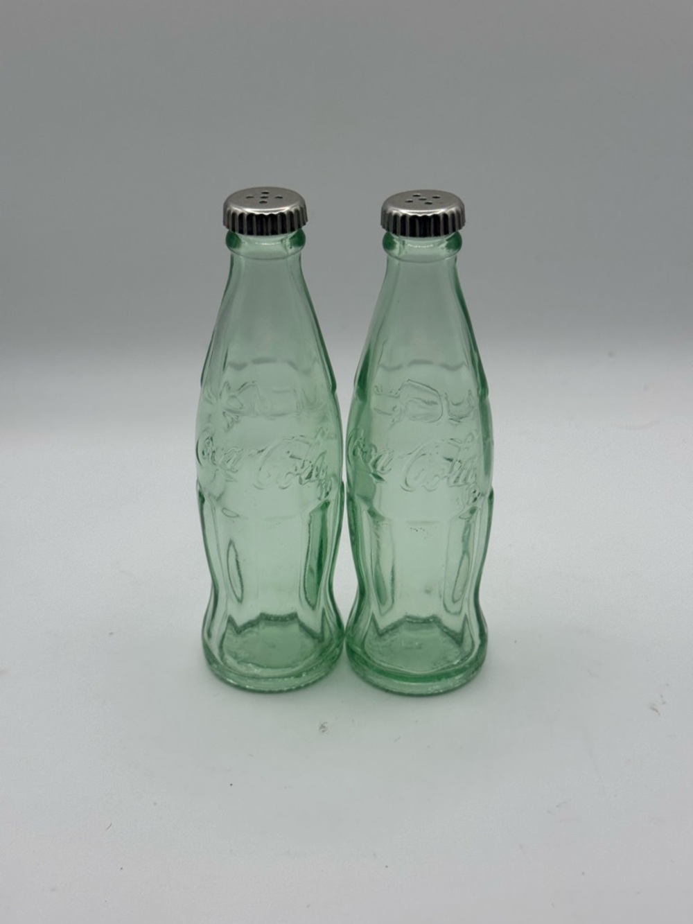Coca Cola Light Green Embossed Glass Bottle Salt & Pepper Set